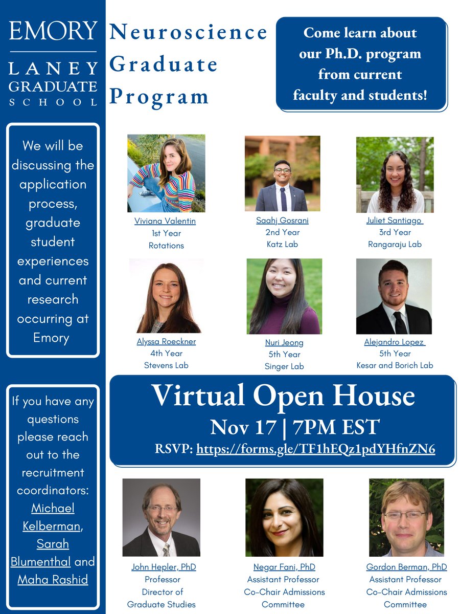 There's still time time to sign up for Emory Neuroscience Program's virtual open house!

Come talk to <a href="/Ale_Lopez012/">Alejandro Lopez, PhD</a> <a href="/nuriscientist/">Nuri Jeong</a> <a href="/Aroeckner/">Alyssa Roeckner, PhD</a> @JulietVSantiago <a href="/Saahj_G/">Saahj Gosrani</a> <a href="/vpvalentin_/">Viviana Paola</a> <a href="/gordonberman/">Gordon Berman</a> <a href="/NegarFani/">Negar Fani</a> and @HeplerLab about our program!

Sign up here: forms.gle/zfHxwHSpkNKsCX…