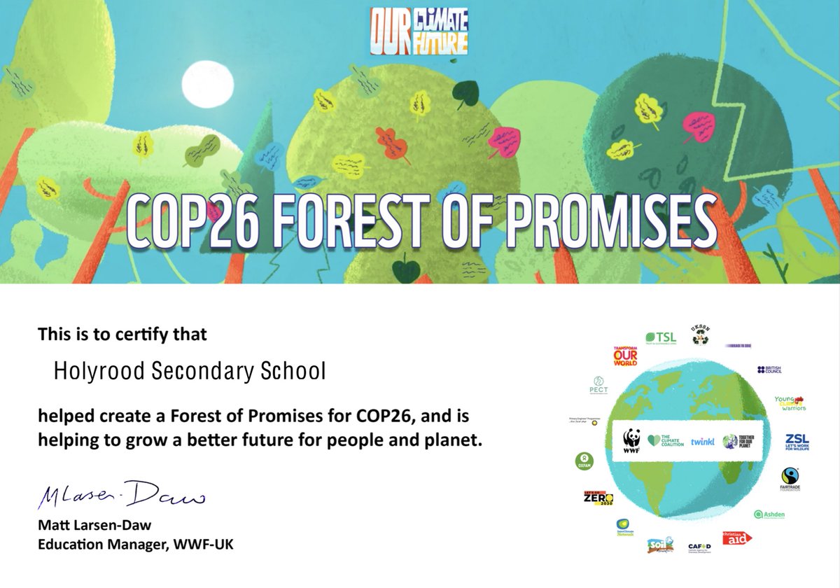 LfSHolyroodSec's tweet photo. Delighted to receive this certificate from @wwf_uk for engaging with #COP26 climate action including our #TreeOfPromises in @HolyroodSec . Well done to all involved for raising awareness about climate change โป๏ธ https://t.co/HWayjpYg41