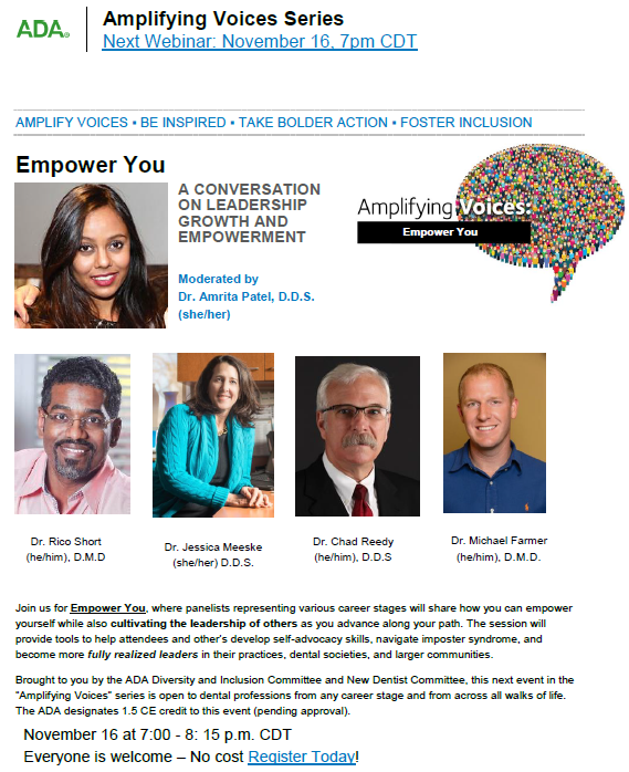 pmdentist's tweet photo. #Dental friends, check out this webinar with Dr. Farmer and the @AmerDentalAssn  on #Leadership Growth and #Empowerment as a part of their Amplifying Voices Series next Tuesday, Nov. 16 at 8 pm. 1.5 hours of #CE credit available. Registration: https://t.co/F6ghDbbZ5q https://t.co/ZBPJqf23Aa