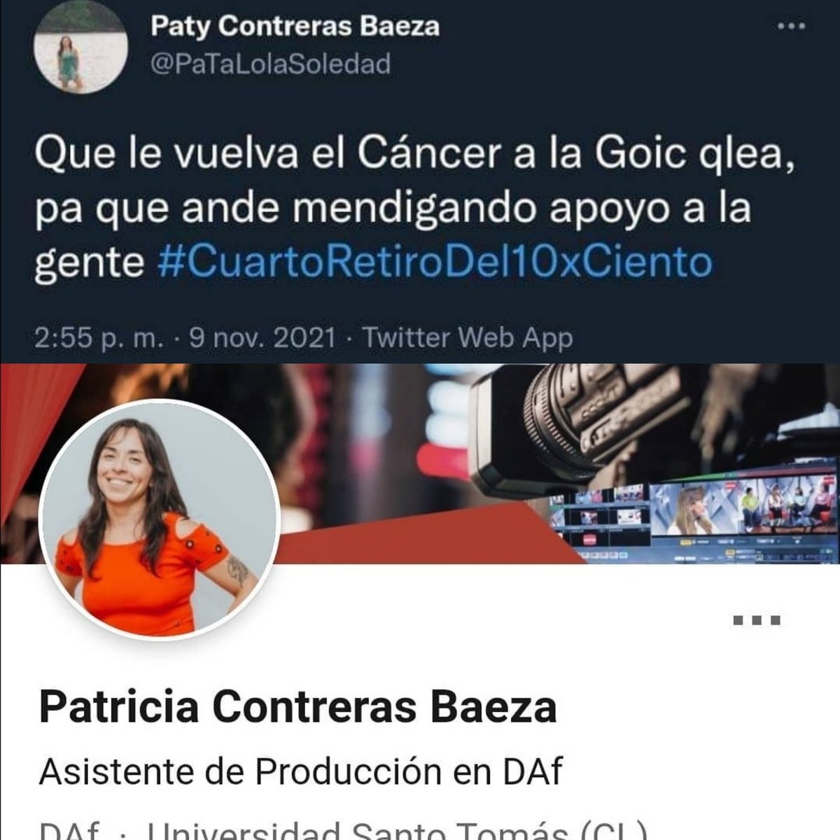 CarabinasM's tweet photo. #ContigoCHV y la sororidad? La empatía la igualdad de género? @SantoTomas_ST #santotomas #universidad #UST #ust @PaTaLolaSoledad desearle cáncer a una persona por pensar diferente, es bajo y da indicios de enfermedad mental, hazte ver, tus twitter son de odio, busca ayuda https://t.co/U2sVPXUejr