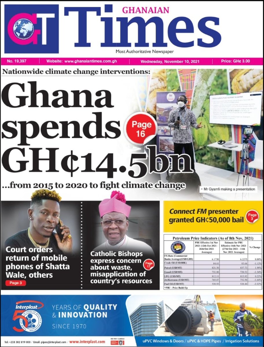 Today's Front 

📌 Ghana spends GHS 14.5bn from 2015 - 2020 to combat climate change
📌 Court orders return of mobile phones of Shatta Wale, others
📌 Catholic Bishops express concern about waste, misapplication of country's resources 

#Ghanaiantimes #GTnews #GTnewstoday