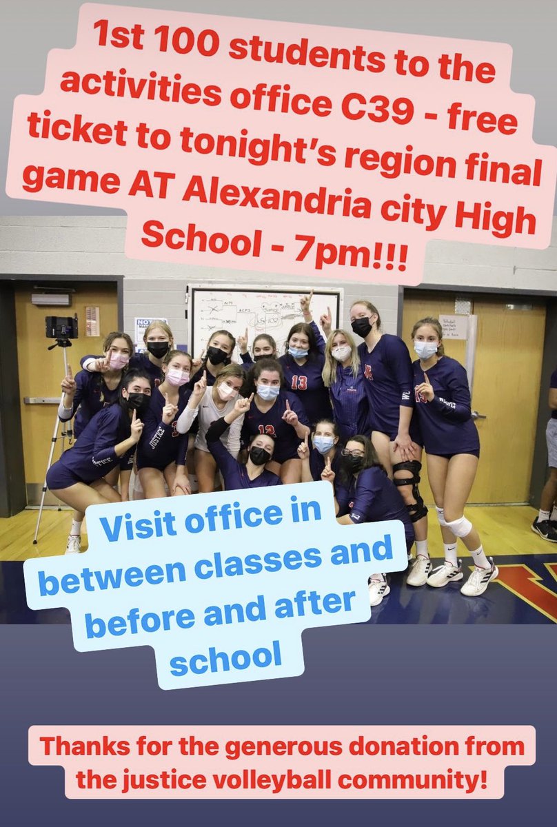 Justice Athletics (@justice_sports) on Twitter photo Take a look ⬇️ first 100 students to visit Activities Office!! Free 🎟 to tonight’s volleyball region final AWAY AT Alexandria City HS. 7:00pm! <a href="/FCPSR2/">FCPS Region 2</a> @TiffanyNarcisse Take a look ⬇️ first 100 students to visit Activities Office!! Free 🎟 to tonight’s volleyball region final AWAY AT Alexandria City HS. 7:00pm! <a href="/FCPSR2/">FCPS Region 2</a> @TiffanyNarcisse