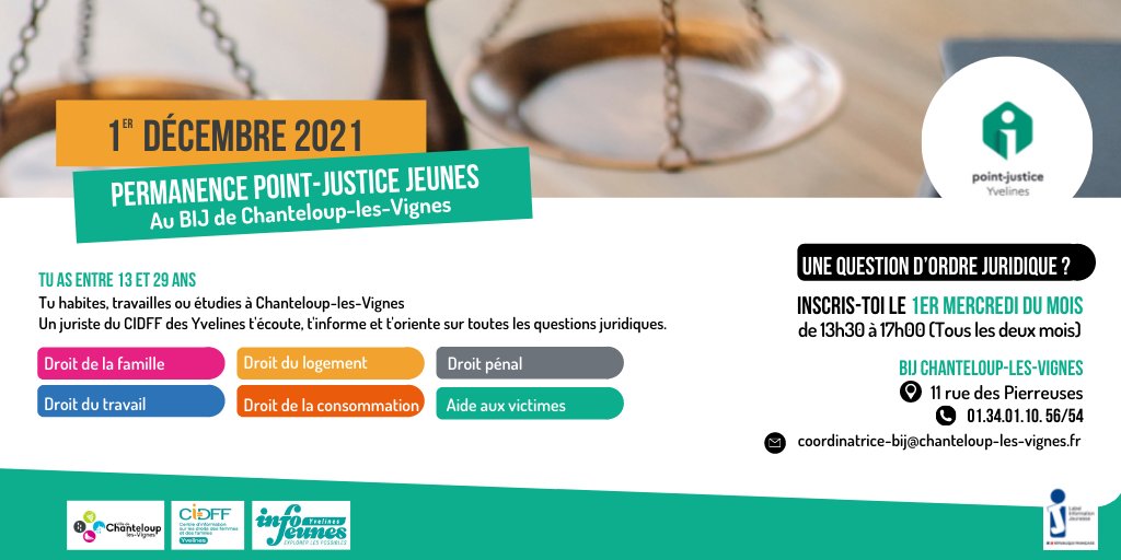 [13-29 ans] ⚖️ Vous avez besoin d'une aide juridique ? 
Participez à la permanence du Point Justice Jeunes au BIJ de <a href="/ChanteloupLV/">Chanteloup-les-Vignes</a> le 1er décembre 2021 !