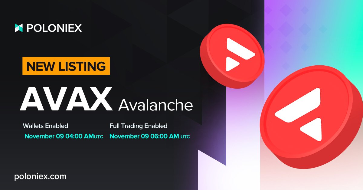 Avalanche_Space's tweet photo. ⚡ @Avalancheavax $AVAX is officially Listed on @Poloniex.

⚡ The $AVAX- $USDT, $AVAX- $USDC and $AVAX- $BTC trading pair is now live on #Poloniex $AVAX market.

👇Deposit here
https://t.co/BQoUMwCdmv

🔽Details
https://t.co/qo1FpX8UwO

#AvalancheSpace #Avalanche https://t.co/EuYQO59vUw