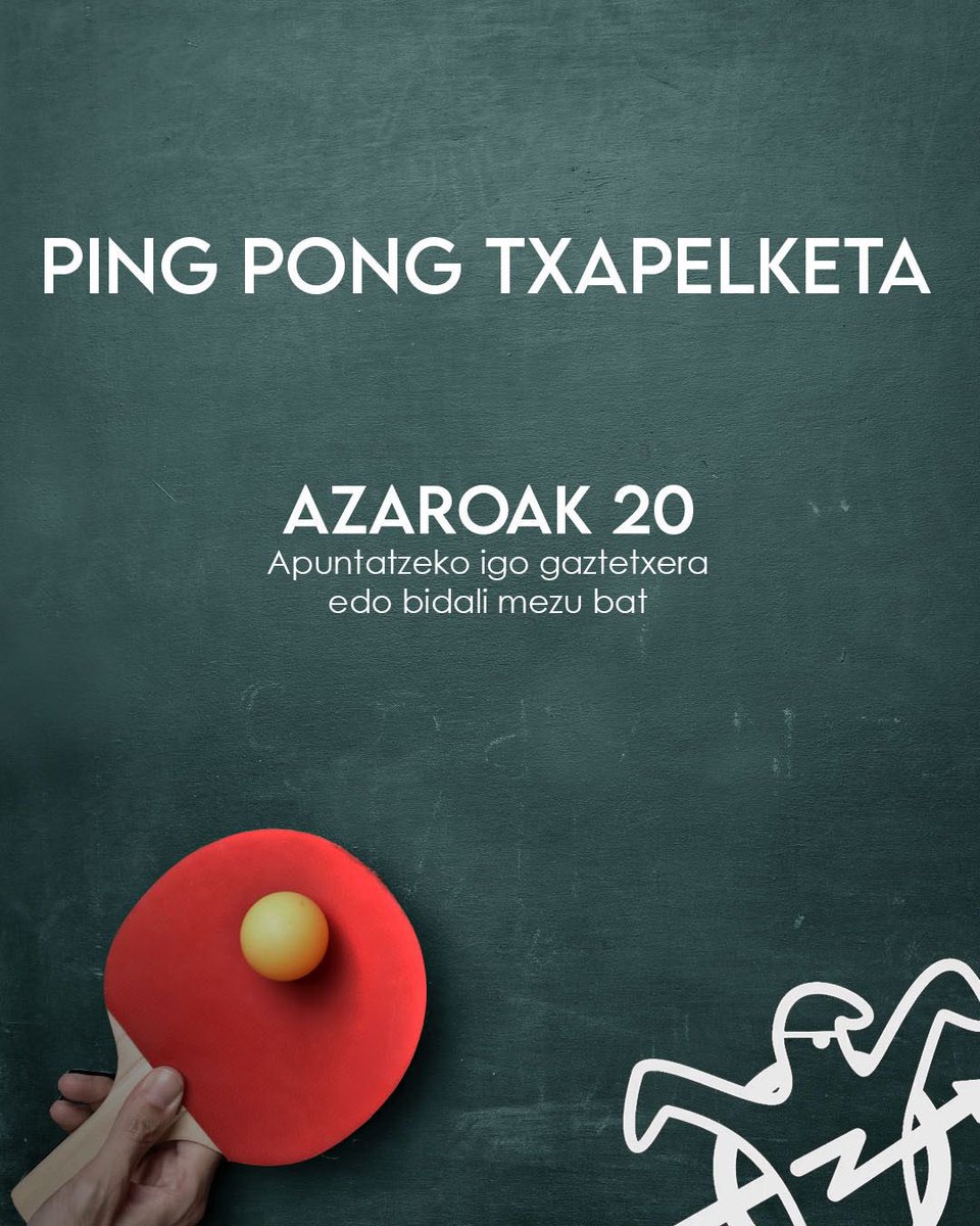 Azaroak 20, Elorrixoko gaztetxian ping-pong txapelketa eukingo dogu. Apuntatzeko igo gaztetxera edo bidali mezu bat kontu honetara!👻🤘🏼