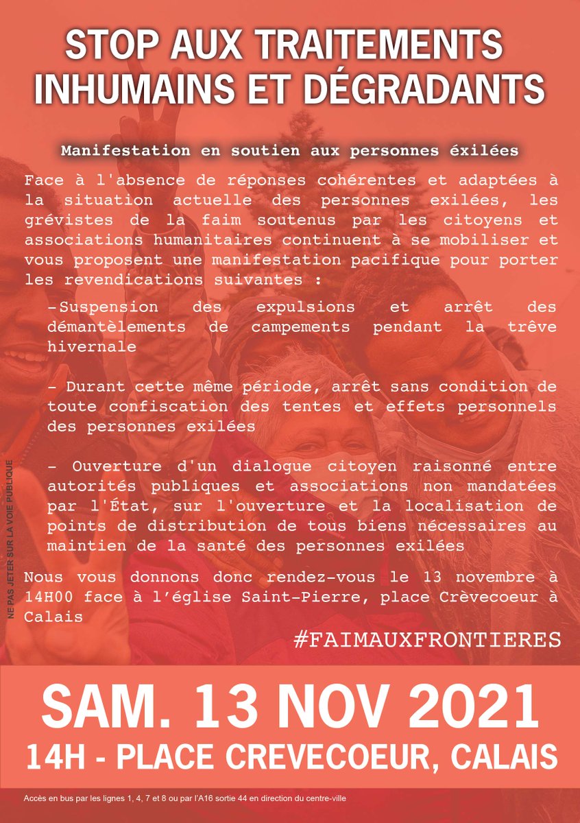 lacimade's tweet photo. #FaimAuxFrontieres | Une manifestation en soutien aux personnes exilées et aux grévistes de la faim est prévue samedi 13 novembre à 14h à #Calais 
✊ Unissons nos forces pour demander la fin des traitements inhumains et dégradants des personnes exilées survivants dans le Calaisis https://t.co/CmGSIGIqpc