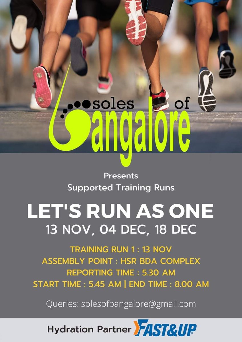 solesofblore's tweet photo. We are excited to announce *Let's Run As One* a Supported Training Run Series in partnership with our Hydration Partner @FastandUp_India
Our 1st run is on 13th Nov Sat. Please register https://t.co/mKuCzPXV8w
#solesofbangalore
#FastandUpIndia
#FastandUpRunners
#FastandUpgels https://t.co/ohgEnioXr2