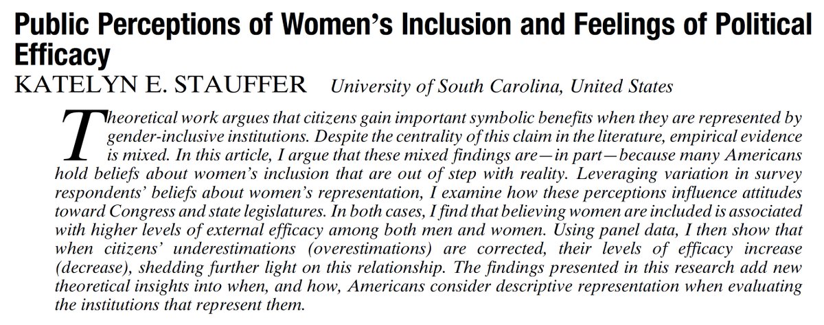 apsrjournal's tweet image. The literature is mixed on the symbolic benefits citizens gain when represented by gender-inclusive institutions. Katelyn Stauffer argues this is in part because many perceptions of women's inclusion are out of step with reality. #APSR #polisciresearch 

ow.ly/Cn0450GHGaQ