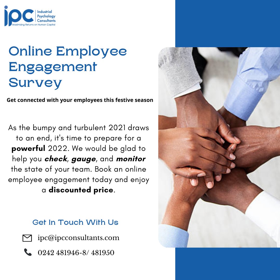 Get connected with your employees this festive season. Book an online employee engagement today. Email us at ipc@ipcconsultants.co.zw
#employeeengagement #employeewellness #humancapitaldevelopment