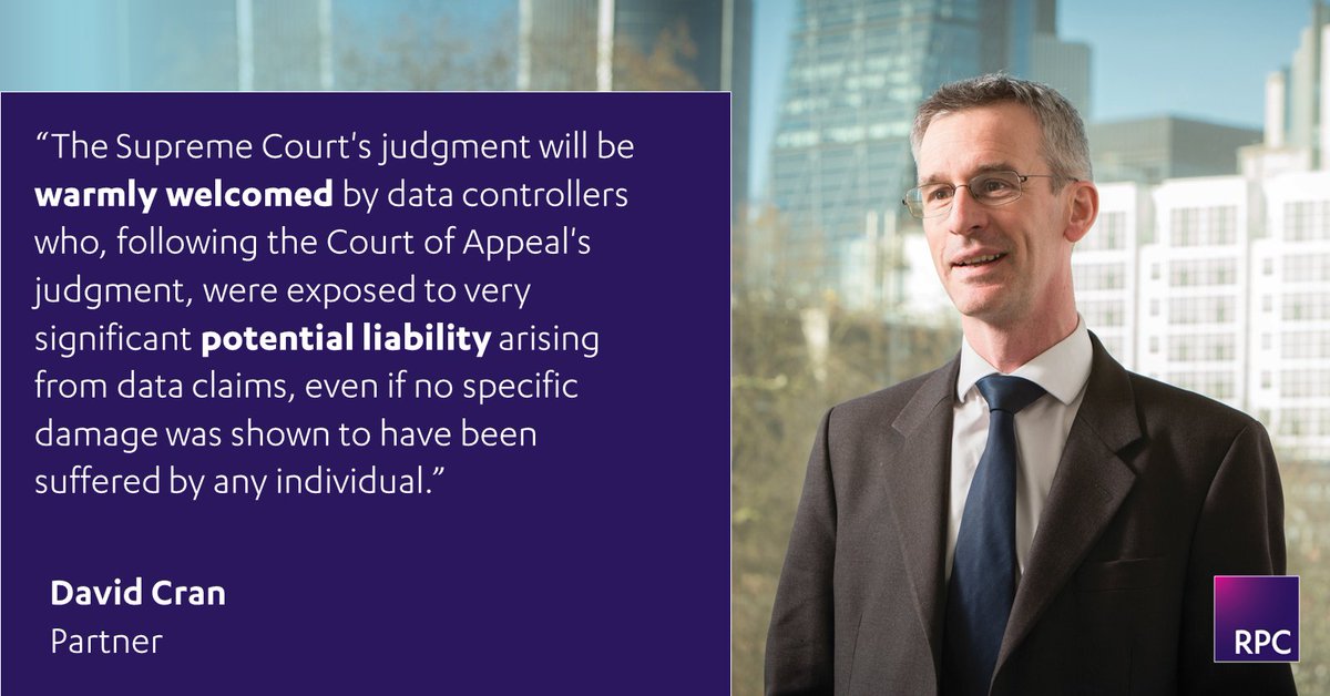 RPCLegal's tweet photo. Today the UK Supreme Court handed down its judgment in Lloyd v Google. Partner &amp; Head of IP &amp; Tech, David Cran &amp; Senior Associate, Alex Vakil examine this landmark decision to reject the claimant’s representative action against #Google. https://t.co/E3mEf9b88K #Data #ClassActions https://t.co/YxJfwMFgUl