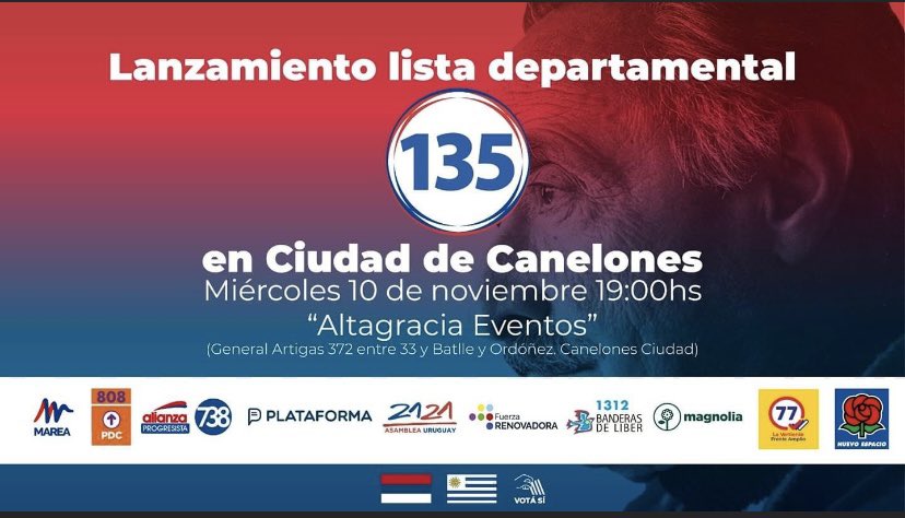 PlataformaUy's tweet photo. HOY !!!! Los esperamos a todos en Canelones en el lanzamiento de la #Lista135
Porque este 5 de diciembre vos decidís
En CANELONES junto a la 95 votamos la 135
✌️💪🔴🔵😀 https://t.co/4aqriCQsUB
