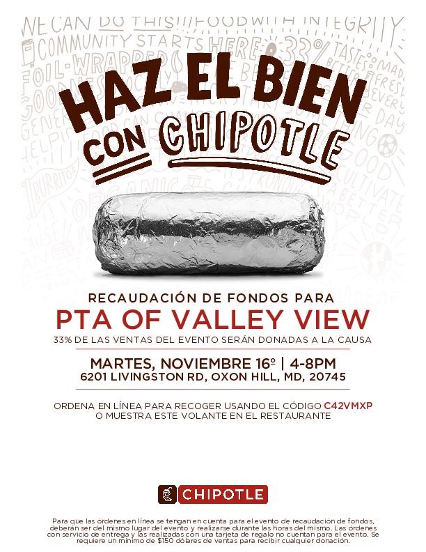 TheViewPTA's tweet photo. Join us Tuesday, November 16th for our #Chipotle fundraiser for @VVIEWES!

See the flier for details!  @ChipotleTweets @pgcps https://t.co/aNXMVAGZ6r