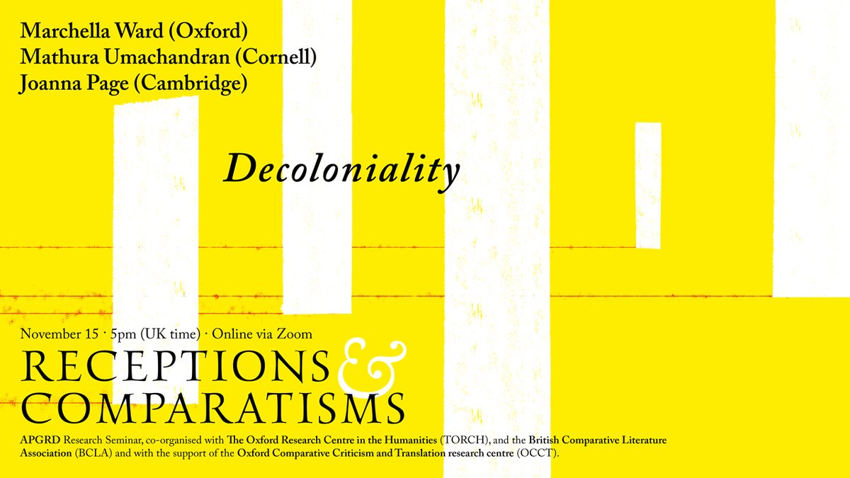 MONDAY 5pm UK time! Join <a href="/WorcCollegeOx/">Worcester College, Oxford</a>'s Marchella Ward <a href="/LuxMea/">Dr Marchella Ward (always 'Chella')</a>, <a href="/Cornell/">Cornell University</a>'s Mathura Umachandran, and <a href="/MMLL_Cambridge/">MMLL Cambridge</a>'s Joanna Page, for #Decoloniality - week 6 of our online research seminar, Receptions and Comparatisms.
#ClassicalReception #ClassicsTwitter