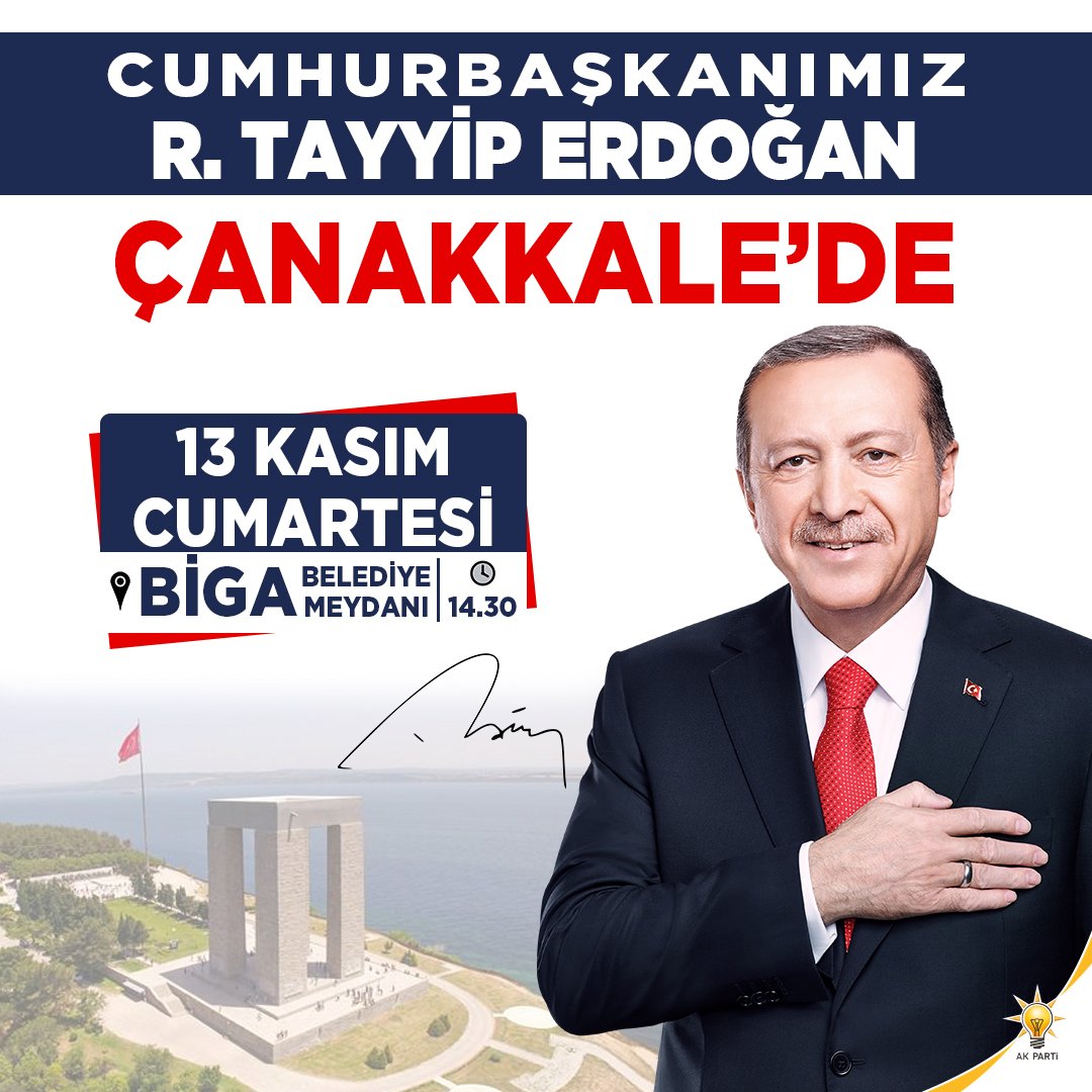CUMHURBAŞKANIMIZ VE GENEL BAŞKANIMIZ SN. RECEP TAYYİP ERDOĞAN
ŞEHRİMİZE TEŞRİF EDİYOR 🇹🇷🇹🇷🇹🇷

🗓️ 13 KASIM CUMARTESİ

⏱️ SAAT 14:30'da

📌 BİGA BELEDİYE MEYDANI'NDA

TÜM HEMŞEHRİLERİMİZ DAVETLİDİR.

İLK GÜNKÜ HEYECANLA

#HEDEF2023 🇹🇷