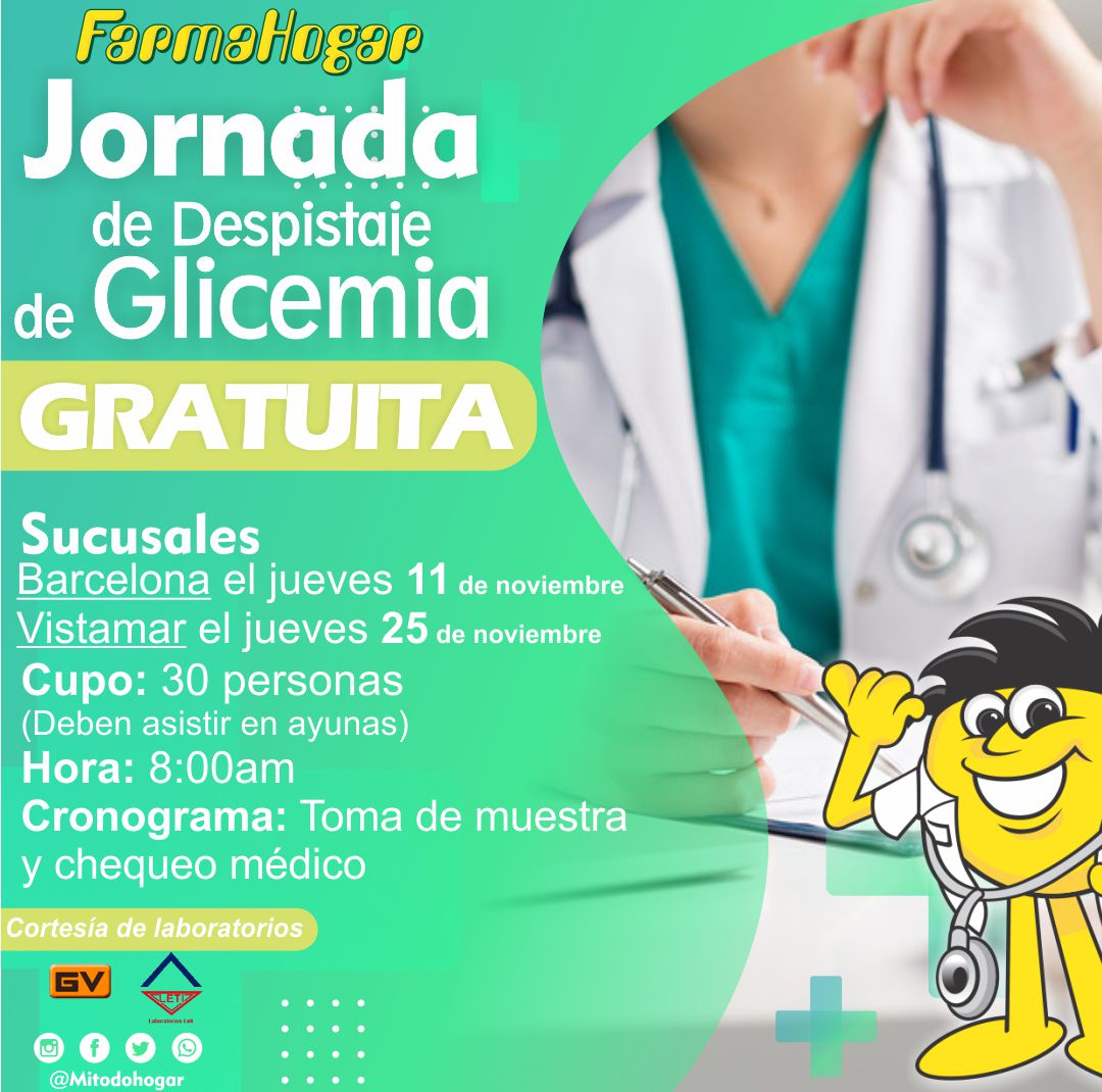 MiTodoHogar's tweet photo. 💊Te invitamos a nuestras Jornadas de Despistaje de Glicemia GRATIS💊
En nuestras sucursales #TodoHogar 📍:
🟡Barcelona el día jueves 11 de noviembre
🟢Vistamar el día jueves 25 de noviembre https://t.co/ypALhpDG2g