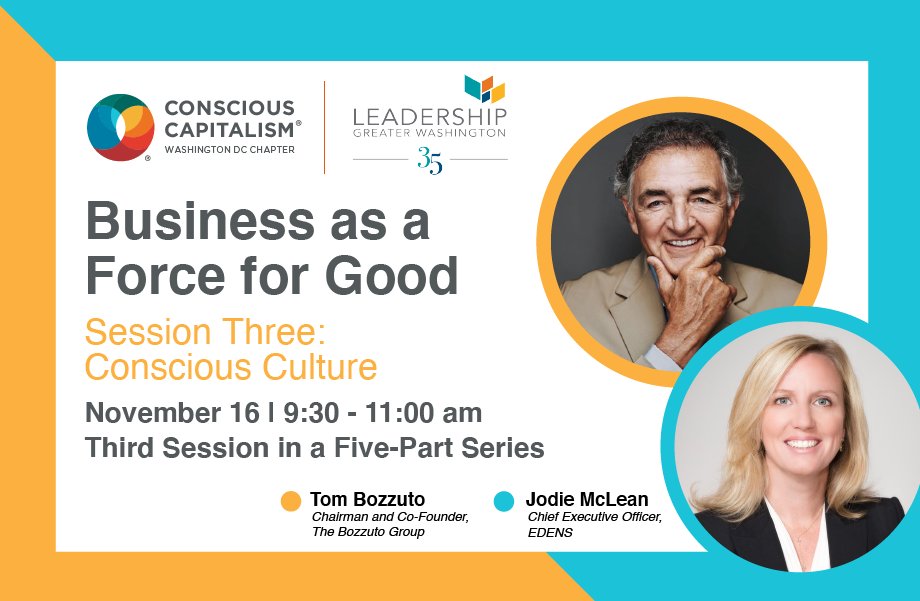 Get ready for our next Business as a Force for Good session on #ConsciousCulture! This dynamic in person event will feature <a href="/jodiemclean/">Jodie McLean</a> and Tom Bozzuto, and moderated by <a href="/CathContributes/">Catherine Allen</a>. Get your ticket now before its too late! ow.ly/lMzh50GIh8u
#businessforgood <a href="/lgwdc/">Leadership Greater Washington</a>