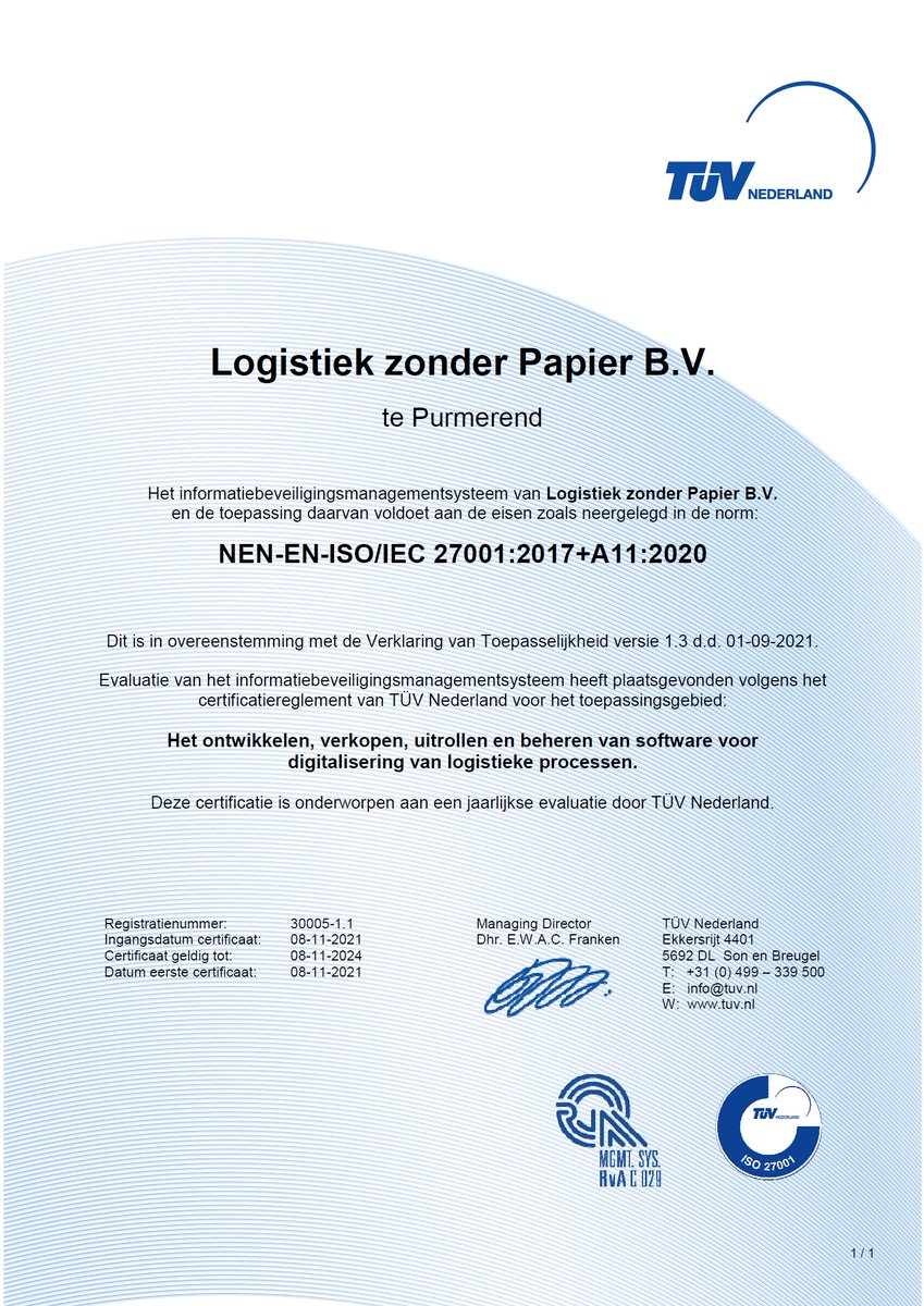 LZPnl's tweet photo. LZP nu ook ISO 27001 gecertificeerd!!! @vosadvies_tech en @TUVNederland https://t.co/8t90xURhOA