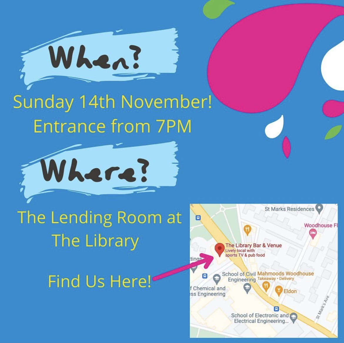 LUUSMS's tweet image. JOIN US❗️This Sunday, 14th November @ The Library Pub 📚🍻 From 7pm 👀 Lots of exciting performances, plenty of drinks and lots of great prizes to be won 🏆 We even have a Quiz for you all 🥳 #fundraising #Leeds @LeedsUniUnion @meetinleeds