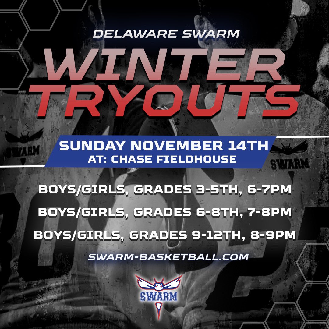 SwarmMidAtl's tweet photo. Delaware Swarm Winter Basketball is here! Register today for our tryouts on Sunday @thechasefieldhouse Grades 3-12 boys and girls are welcome! Let’s continue to grow the game of basketball in our great state of Delaware! 

#swarmnation #delaware #wilmingtondelaware #doverdelaware https://t.co/8wHn0CRafC