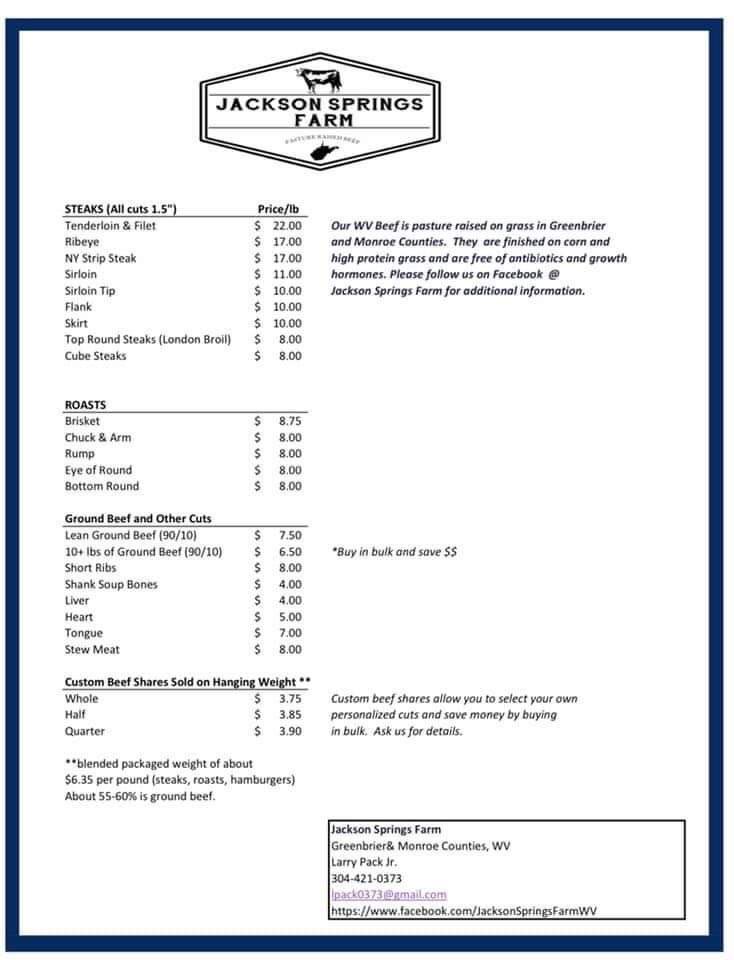JACKSONSPRINGWV's tweet photo. WV Pasture Raised beef sale. Ground beef and roasts 20% off while supplies last. Free home delivery in Charleston area. https://t.co/i7PkcKtgCZ