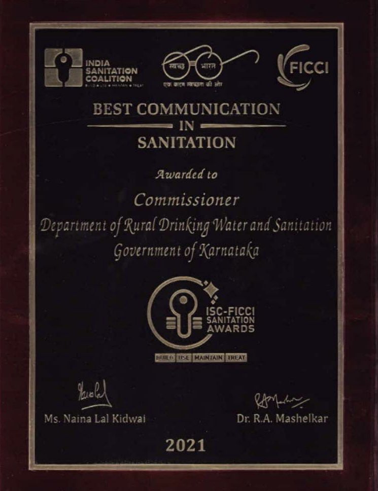 Happy to share this news. Our Rural Drinking Water Supply &amp; Sanitation Dept is conferred with ISC-FICCI 2021 sanitation award in the “Best Digital Communication in Sanitation” category!

Congratulations to our team!!
<a href="/ikseshwarappa/">K S Eshwarappa</a> <a href="/CMofKarnataka/">CM of Karnataka</a> <a href="/swachhbharat/">Swachh Bharat Mission - Grameen</a>