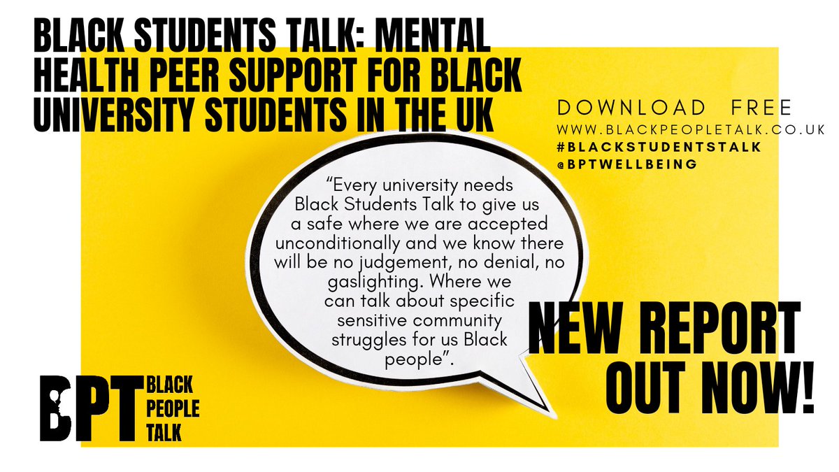 BPTwellbeing's tweet photo. π’ #BlackStudentsTalk: Mental Health Peer Support for Black University Students in the UK.
π Read and download our first report here: https://t.co/76cgPsQsya
#StudentMentalHealth #RaceEquality #BlackInMentalHealth https://t.co/NkahjHLADj