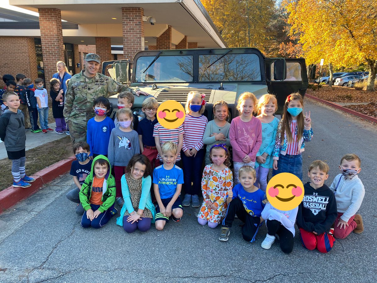 MPEFeyt's tweet photo. Kindergarten is celebrating Veterans Day early with an interview panel and a special Humvee visit! Thank you to the Veterans that visited with us today and all Veterans for your service! 💙❤️🇺🇸 #mpesem @MPE_Mustangs https://t.co/9Lv13n9hOf