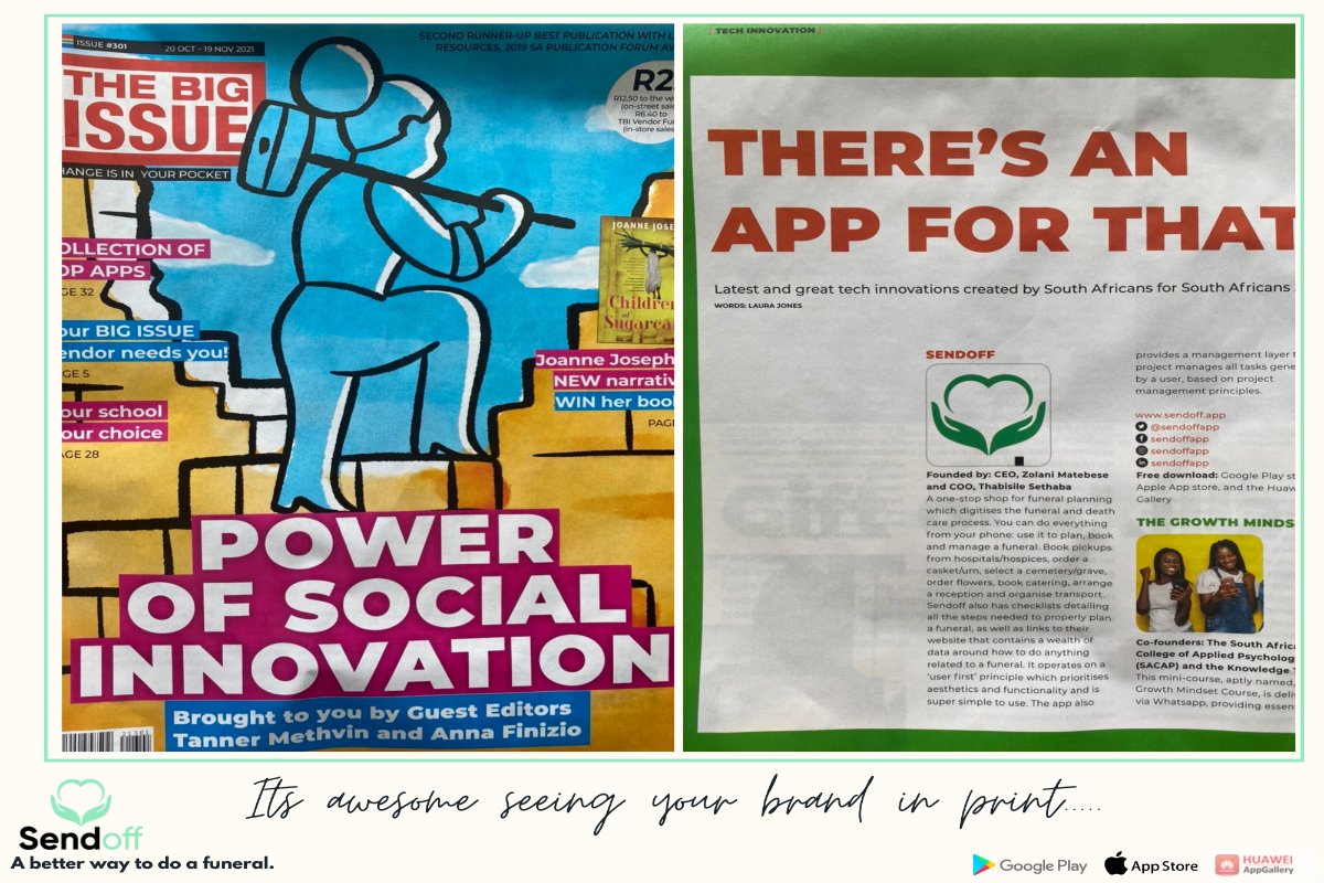 Sendoffapp's tweet photo. Just picked up the October edition of "The Big Issue" Magazine where Sendoff is featured among other powerful new social innovations grown in SA.
#sendoffapp #funeralapp https://t.co/7etYL4m7SN