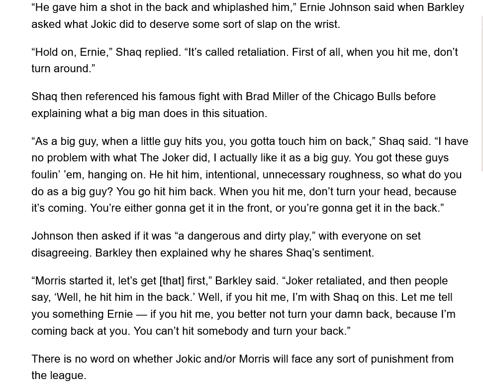 JokicDose's tweet photo. Shaquille O’Neal and Charles Barkley about Morris/Nikola incident. #Jokic #Joker #JokicMVP #MileHighBasketball https://t.co/DGAwYh8yOr