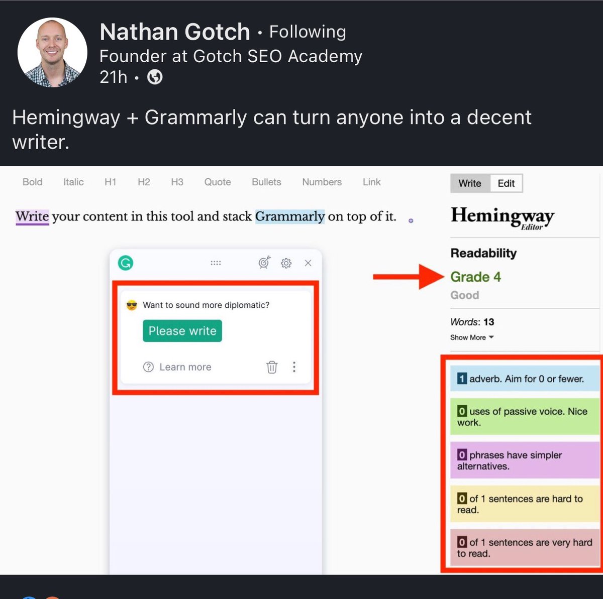 RayBilodeau's tweet photo. This is a fantastic validation of a process our student bloggers follow. Our students have access to Grammarly Edu through their student association. Grammarly in your Chrome browser + Hemingway = fantastic editing & readability!
#Mark3374
#SocialMediaMarketing
#DigitalMarketing https://t.co/IMZWoCpkQg