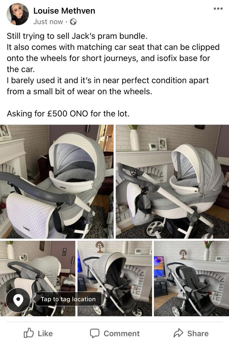 Trying to sell Jack’s pram, car seat etc (they all match and are in great condition) as I’m finished having children and it’s beautiful. 

Please retweet, or message if you or someone you know is interested!