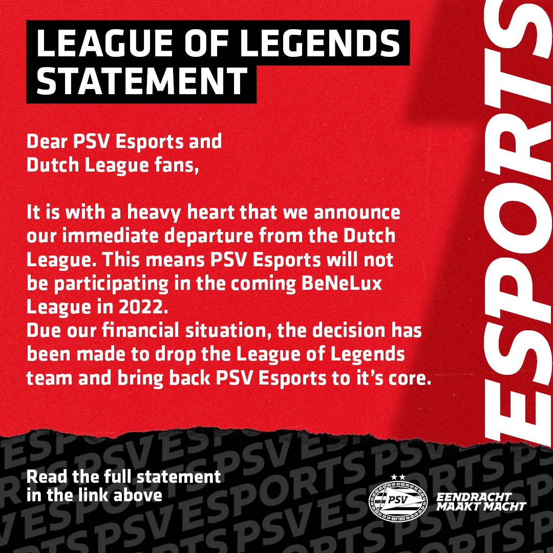 🗒️Announcement regarding our League of Legends team.

Full statement in Dutch: psv.nl/nieuwspagina/a…

The end….

.. for now