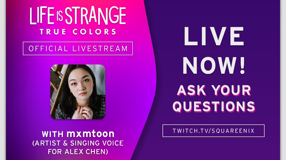 LifeIsStrange's tweet photo. We are NOW LIVE for another #LiveIsStrange with the singing voice of Alex Chen, @mxmtoon to talk all things #LifeIsStrange #TrueColors!
Join us and get involved in the conversation: https://t.co/ECZgQatPs5
For the rules of our on-stream giveaway, visit: https://t.co/ucVaQb2JED https://t.co/Q1x3YHokN4