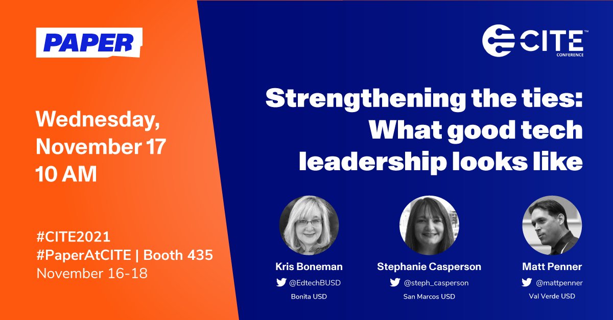 paperlearning's tweet photo. What does strong leadership look like? It complements the work of experts💡Join us with leaders @EdtechBUSD, @steph_casperson, &amp; @mattpenner next week at #CITE2021 as they share how some of the greatest solutions come from strengthening ties in district leadership!

#PaperAtCITE https://t.co/OBsQocIVhA