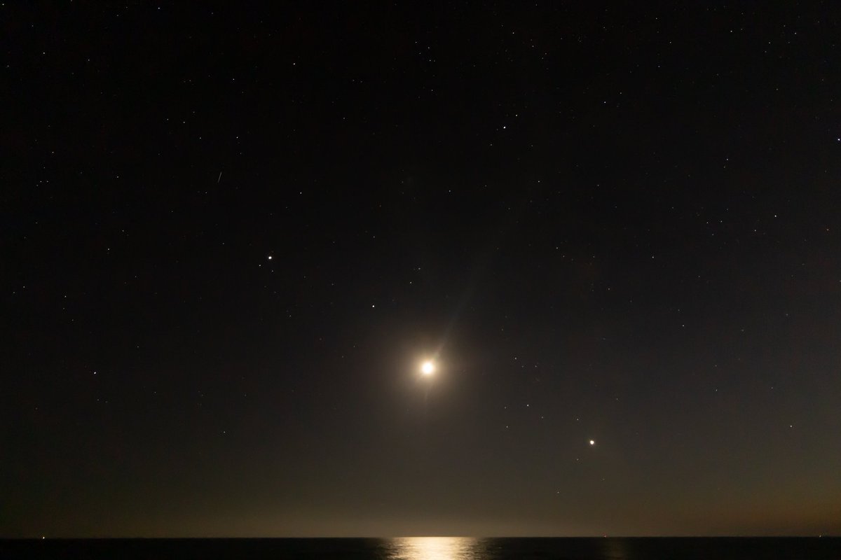 DoodleFK's tweet photo. I'm so happy with this photo I took yesterday evening 😍 Jupiter, Saturn, the moon, and Venus amongst the stars 
#capecodphotographer #capecodphotography #capecod #astrophotographyme #nightsky #capecodbeach #natucketsound #sky #planets #Jupiter #Saturn #Venus #crescentmoon #canon https://t.co/hKTLROoyDW