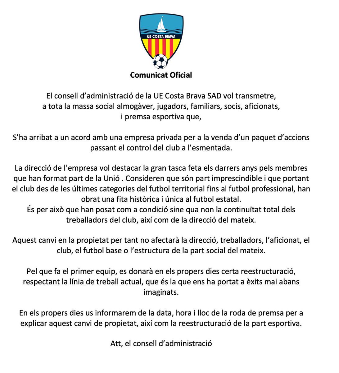 💵 No tengo demasiada idea en estos temas, pero por lo visto alguien ha comprado la mayor parte del accionariado de la @UE_CostaBrava.

✅ TODOS los actuales miembros de la entidad seguirán en la UE Costa Brava, según apunta el comunicado emitido por el club. 
#PrimeraRFEFootters