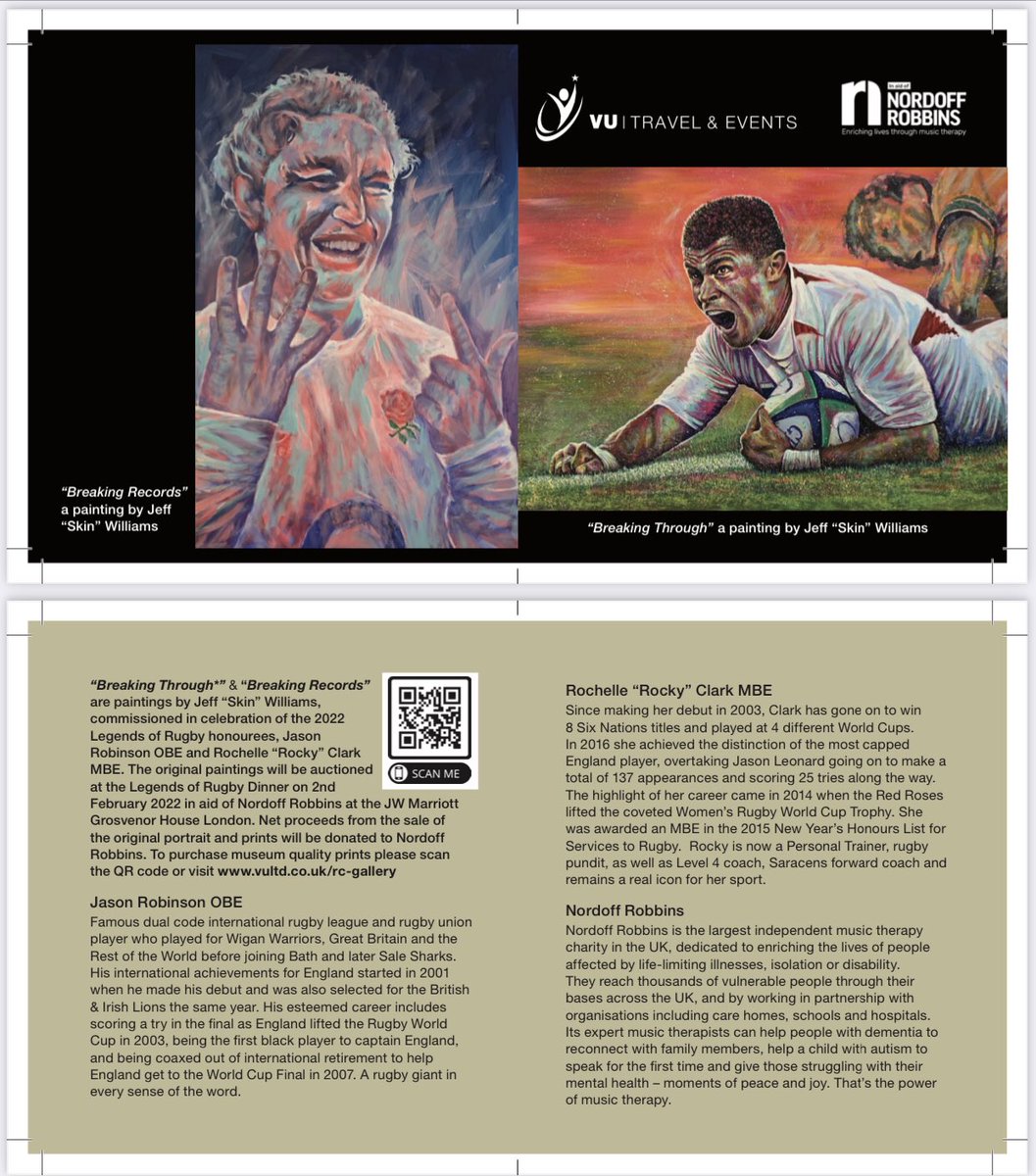 VU_Ltd's tweet photo. “Breaking Through” &amp; “Breaking Records” paintings by Jeff “Skin” Williams of 2022 honourees @Jason15Robinson &amp; @RockyClark_1 prints now available to buy. Scan QR OT visit https://t.co/2Rh8Cb6yvA  #legendsofrugbydinner in aid of @nordoffrobbins https://t.co/mFmq2kXUNu