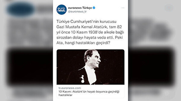 Türkiye'de yayın yapan Fransız sermayeli medya kuruluşu Euronews, Mustafa Kemal Atatürk'ün 83. ölüm yıl dönümünde tepki çeken bir habere imza attı.Euronews Türkçe'nin paylaştığı haberde, Atatürk'ün ölüm yıl dönümü de yanlış hesaplanmış durumda.İşte

turkiyetelevizyonu.com.tr/2021/11/10/eur…