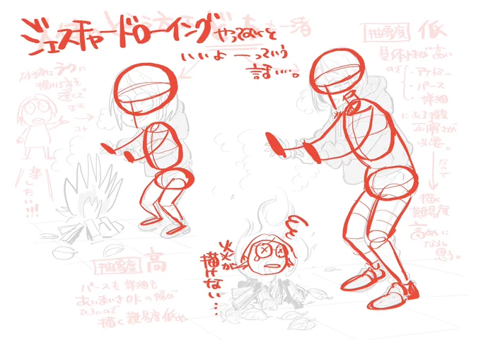 なので、どんなポーズも、キャラクターのリアクションも描けるようになる「ジェスチャードローイングっていうのをやろうぜっていう話でした。 
