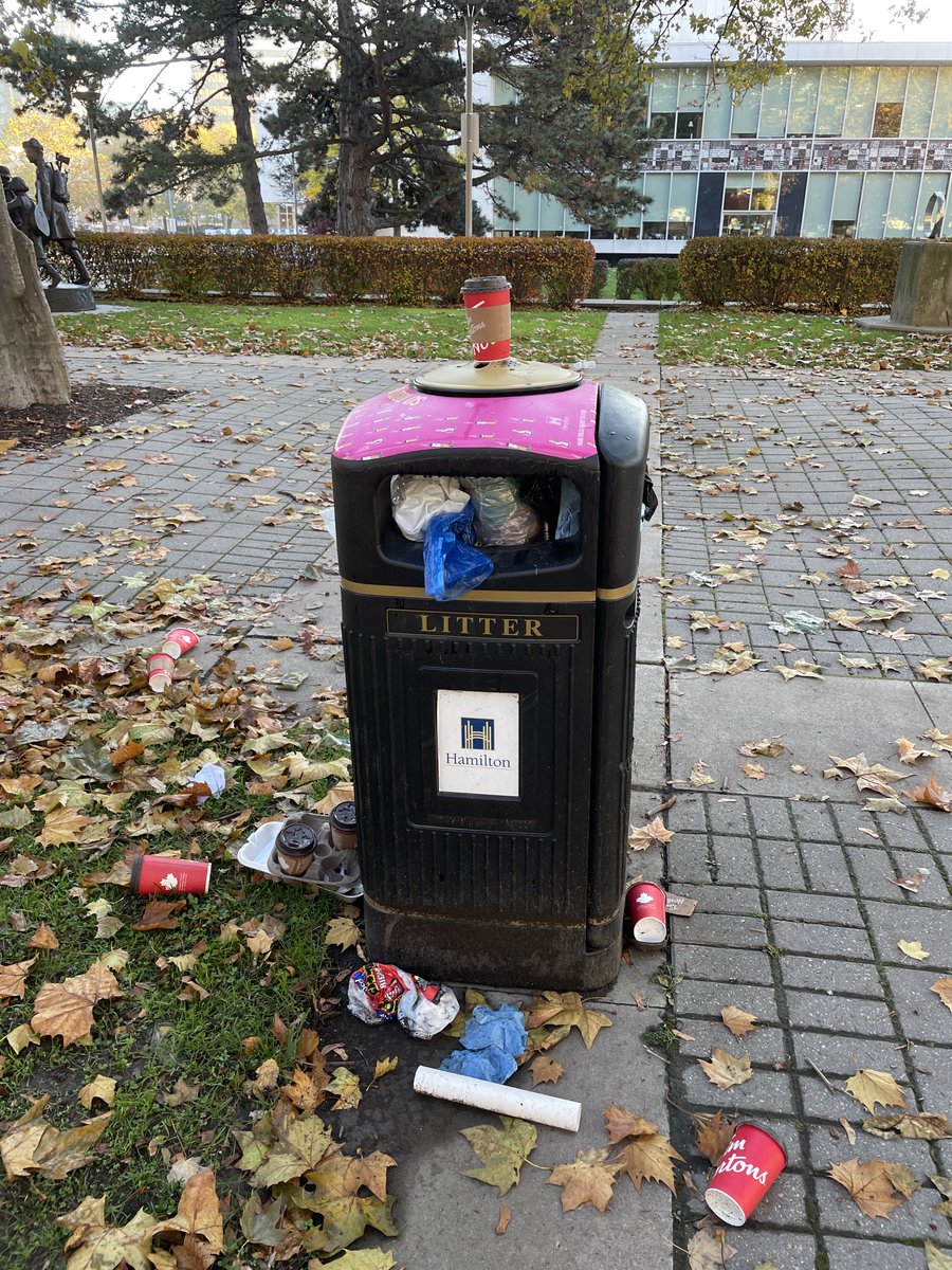 CameronKroetsch's tweet photo. The first one is from the back of City Hall (overflowing onto the ground), the last one is from Gore Park (not overflowing). A little internet research tells me that the latter is a solar powered compacting garbage bin! More please. #HamOnt @cityofhamilton https://t.co/aJZxc6Xpr9