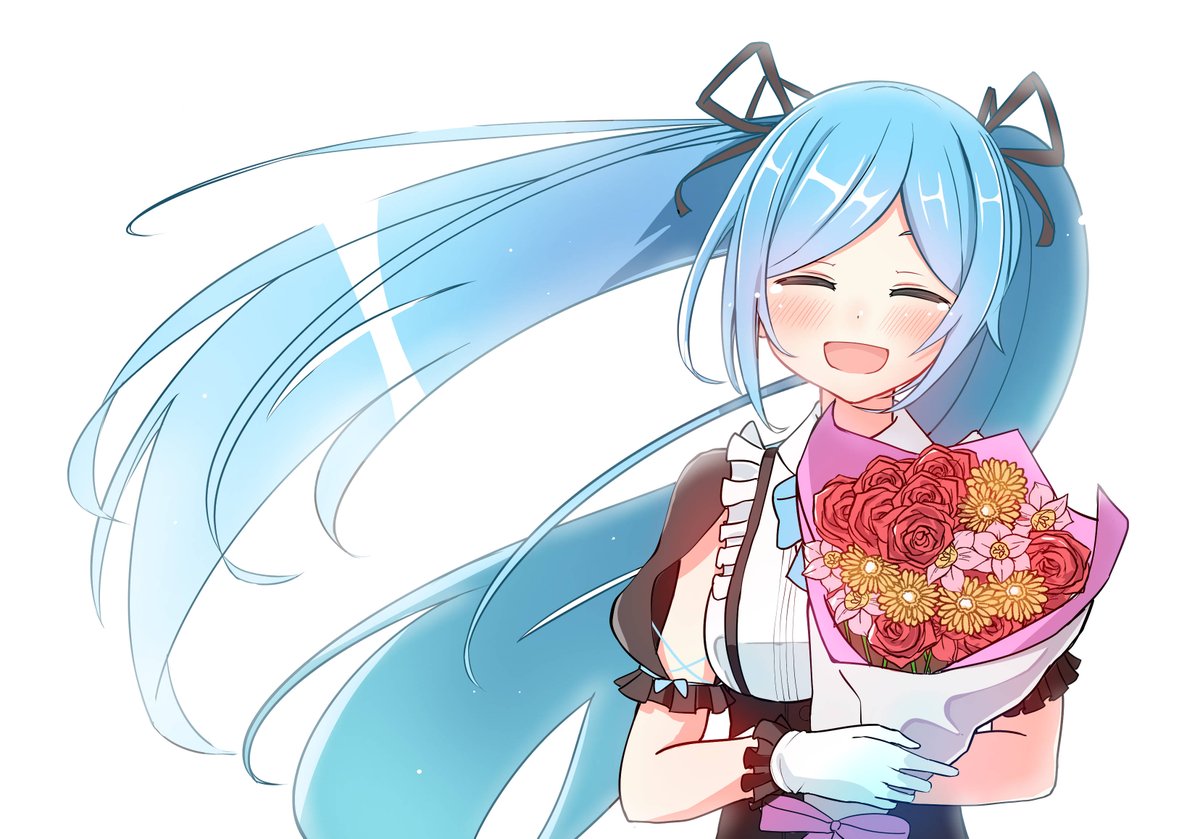 hatsune miku 1girl flower bouquet long hair solo closed eyes twintails  illustration images