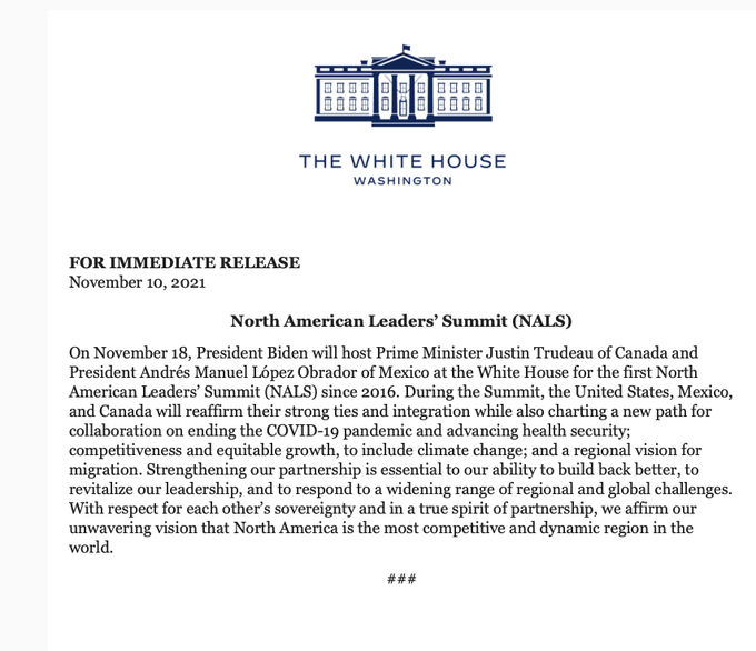 Arturo_Sarukhan's tweet photo. El comunicado de @WhiteHouse acerca de la próxima cumbre de #Norteamérica.
#BuildBackBetterTogether 🇲🇽🇺🇸🇨🇦 #StrongerTogether https://t.co/Q2ctKM5fNR