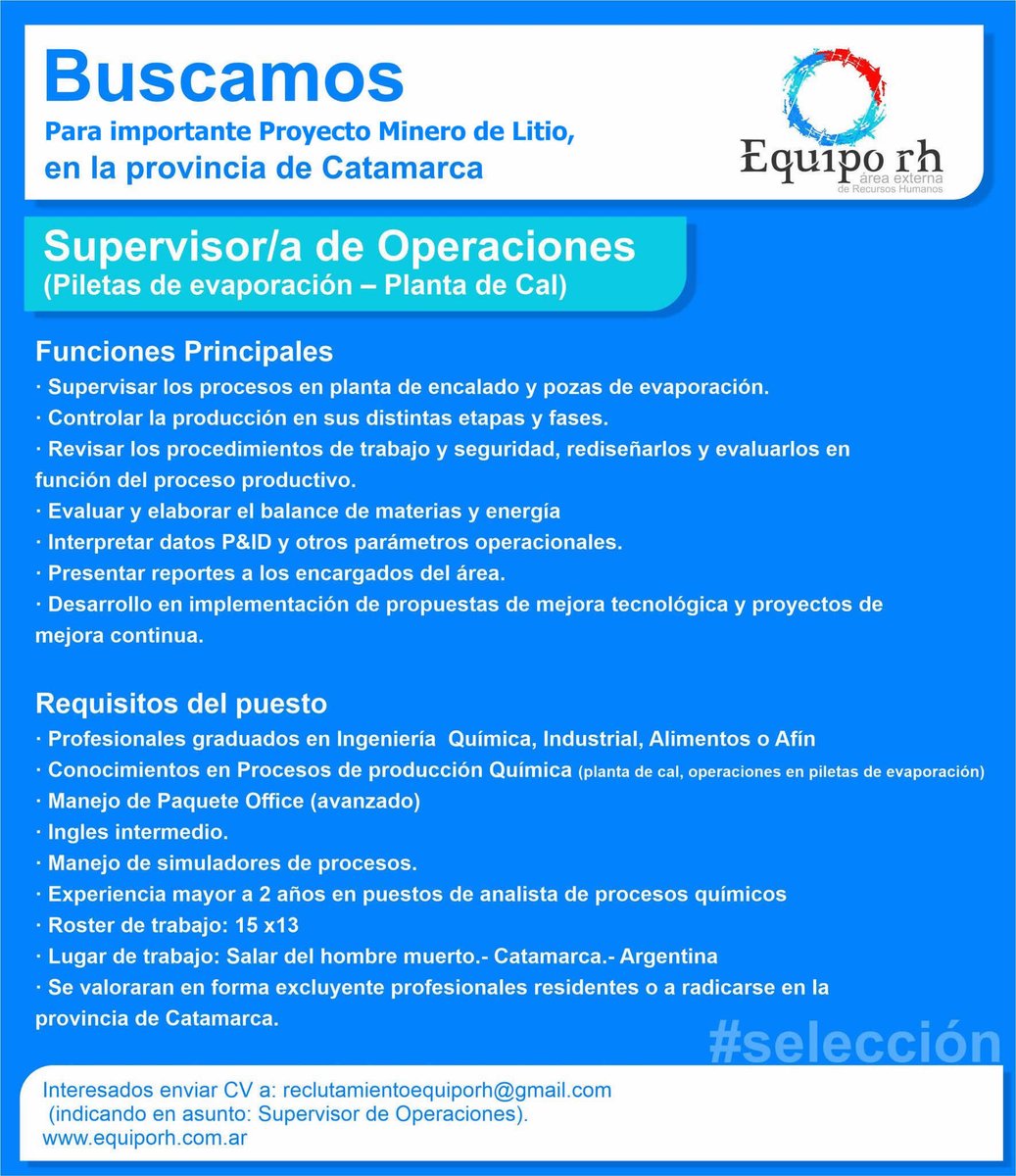 trabajoenelnoa's tweet photo. 🐞 para Proyecto Minero de Litio en la provincia de #CATAMARCA:
     ➡️ SUPERVISOR DE MANTENIMIENTO ELÈCTRICO
     ➡️ SUPERVISOR DE MANTENIMIENTO MECÁNICO
     ➡️ SUPERVISOR DE OPERACIONES
🔘 enviar CV a reclutamientoequiporh@gmail.com https://t.co/vmEarcrdGm