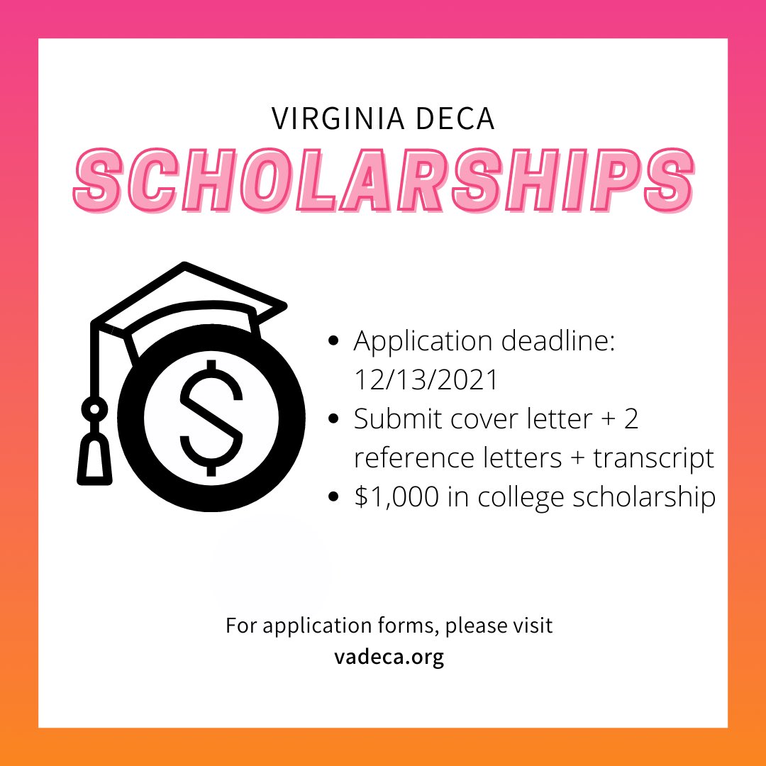 Last but not least we have our Scholarships!! These applications are due December 13, and all requirements can be found on our website! #VADECAFiredUp 🔥
