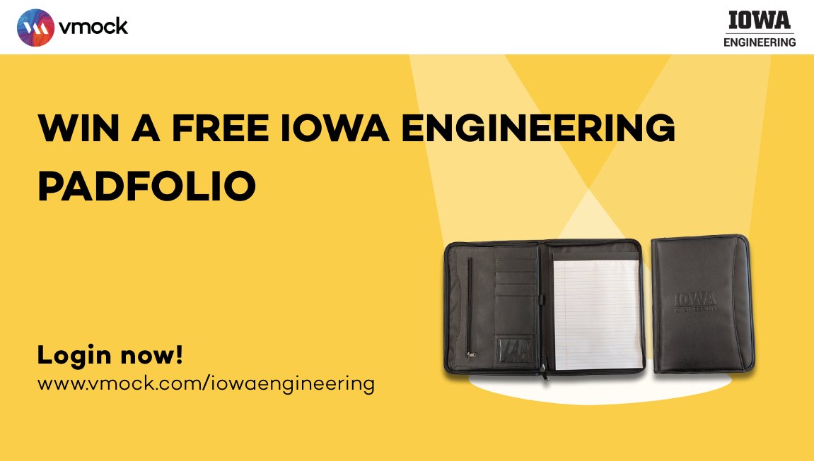Now until December 3rd, upload your resume to VMock for a chance to win a free Iowa Engineering Padfolio! Click the link below to review your personalized resume feedback today! #uiowa vmock.com/iowaengineering