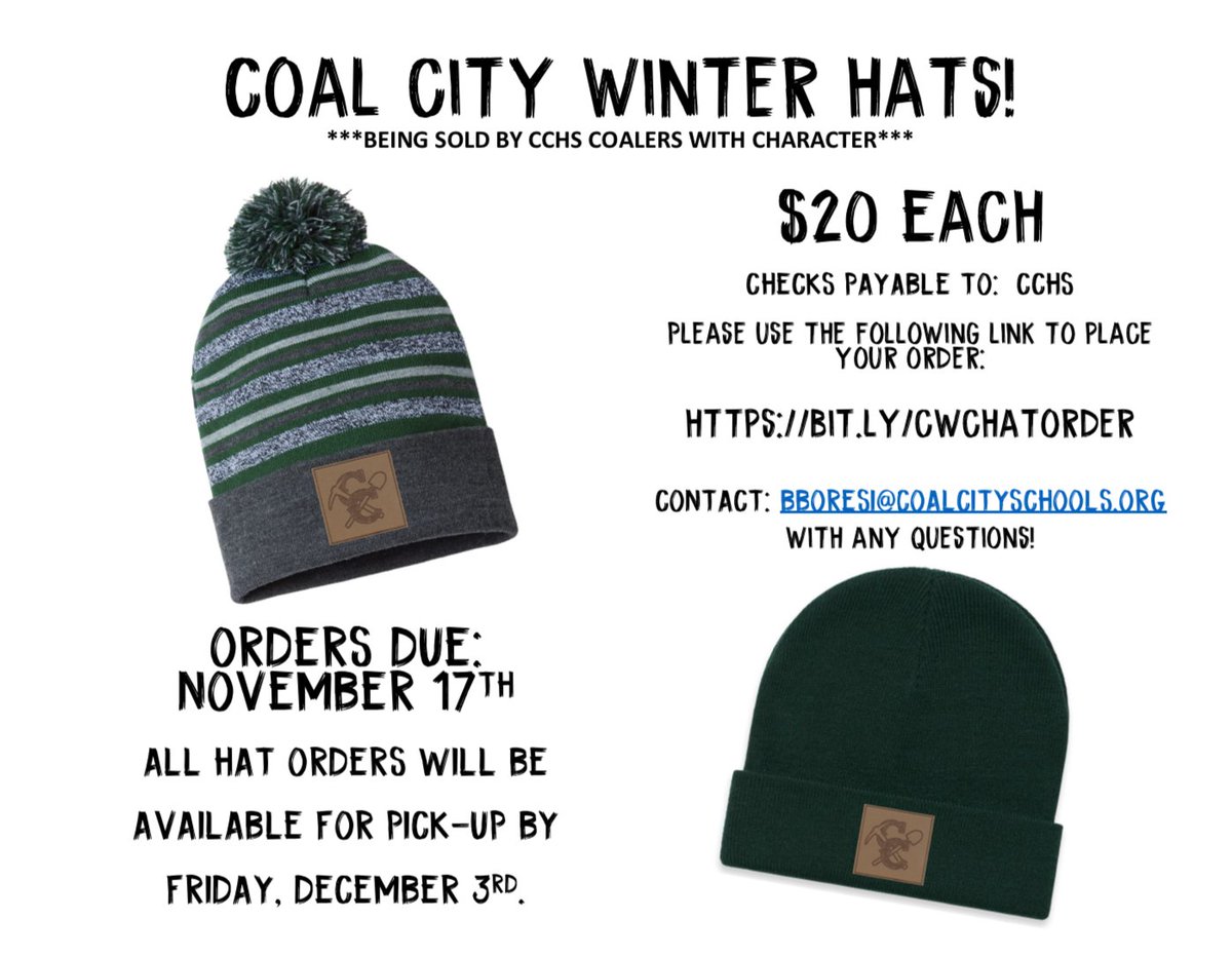 Winter Hat Sale!

Orders can be placed at the following link:

bit.ly/cwchatorder