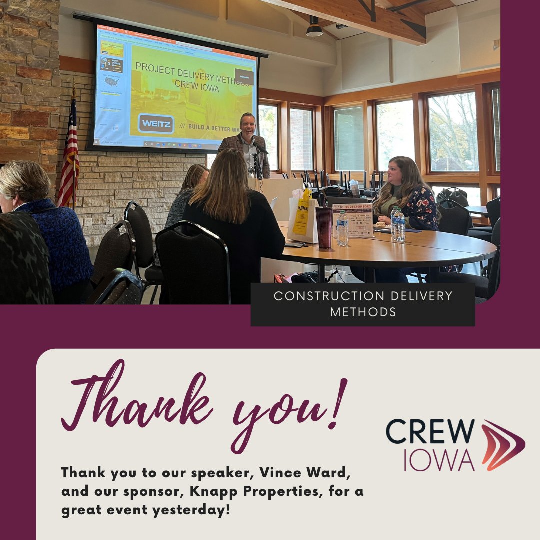CREWIowa's tweet photo. What a great event yesterday.  Thank you to Vince Ward for an engaging conversation around project delivery methods as well as Knapp Properties for sponsoring the event!

#crewiowa #thinkcrewfirst #commercialrealestate https://t.co/2ysFQKGvFY