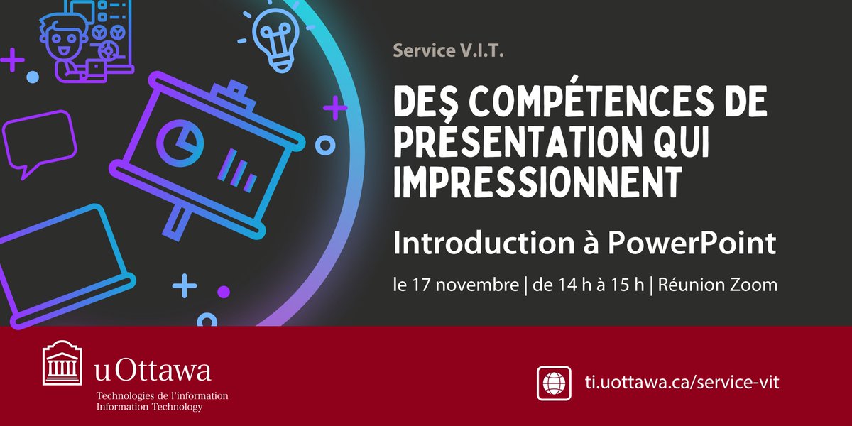uOttawa_IT's tweet image. Vous voulez en savoir plus sur MS PowerPoint ? Assistez à cette session et améliorez votre utilisation de MS PowerPoint afin de créer des diapositives accrocheuses pour des présentations mémorables. Ne manquez pas cette session ! ti.uottawa.ca/introduction-m…

#présentationpowerpoint