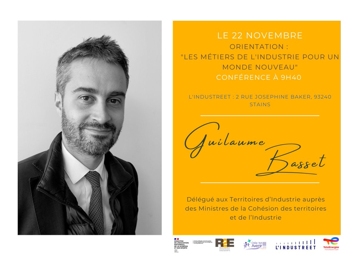 Rencontres2e's tweet photo. Lors de la formation à @lindustreet le 22 novembre 2021, Guillaume Basset, Délégué Territoires d'Industrie, interviendra sur les enjeux et opportunités de l’industrie.
Organisé en partenariat avec : @Cree_ton_avenir , @TotalEnergies_F , @IronAcademy1, @lindustreet et le #cefpep https://t.co/oN6XTcLbdp