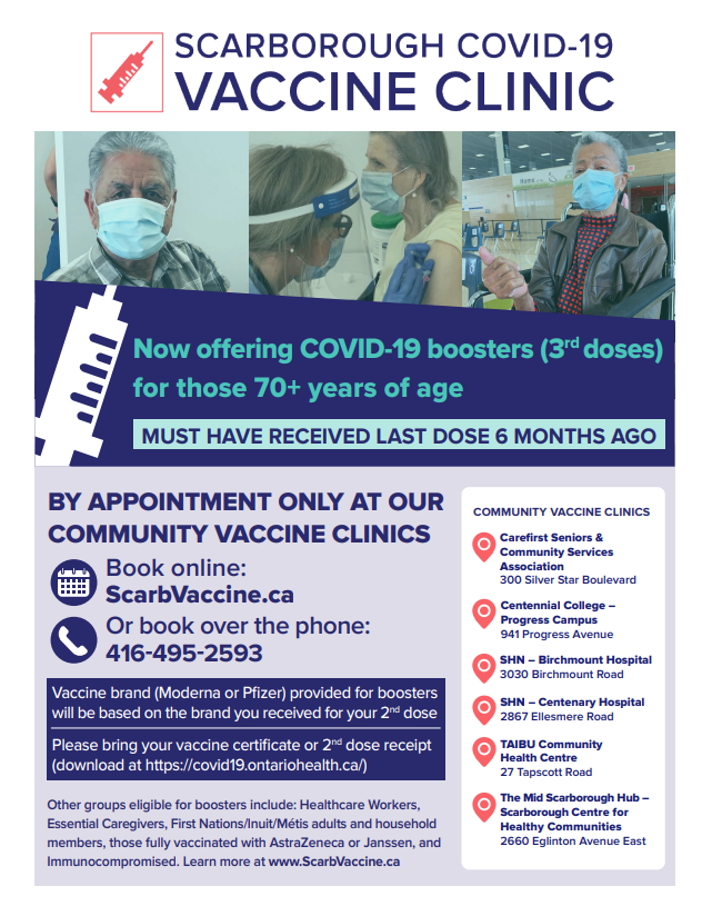 Those in Scarborough eligible for a COVID booster, including those age 70+, health care workers, Indigenous persons and those that got AstraZeneca x2 or J&J, can now book their booster (at least six months from last shot) at ScarbVaccine.ca. #ScarbTO